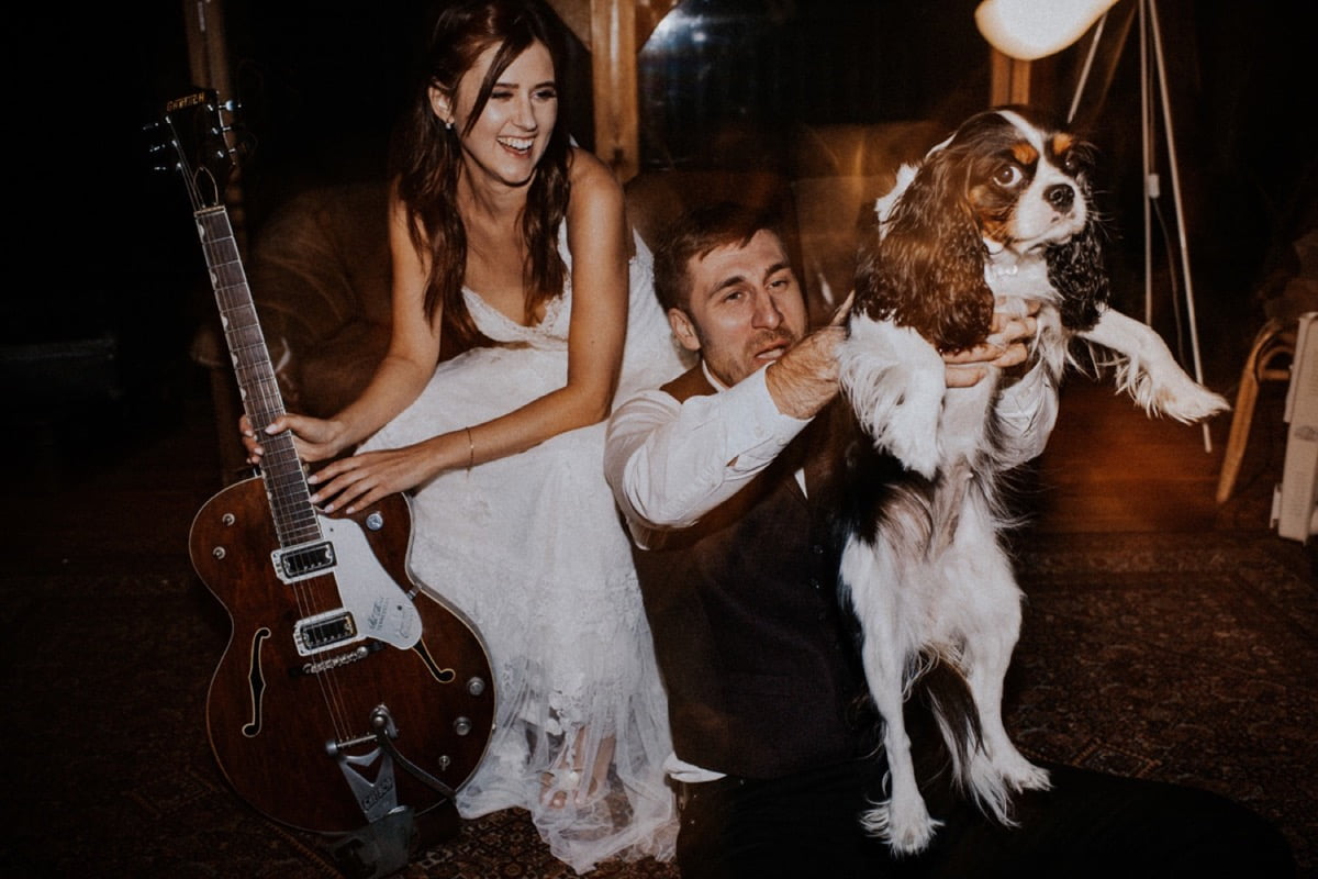 mini sesja w dniu ślubu, rockowa para młoda, pies na ślubie, sesja z psem, szalona sesja ślubna